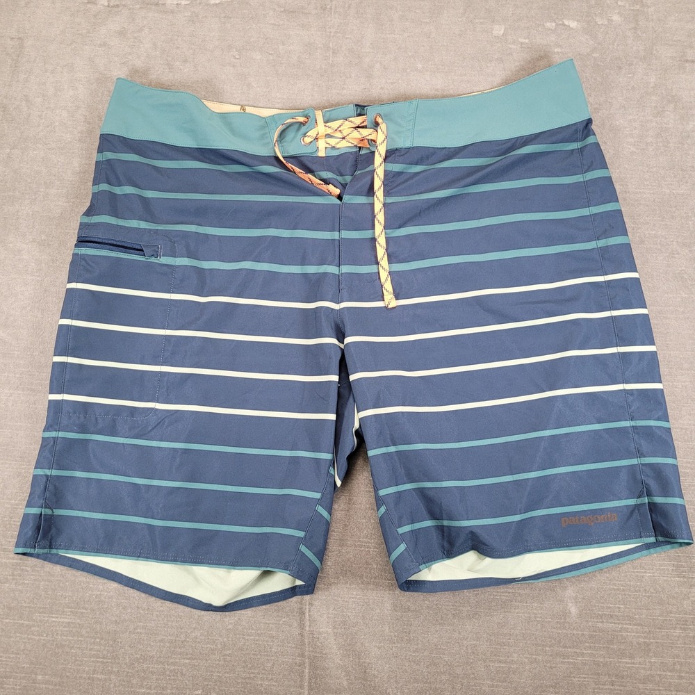 Patagonia Board Shorts Men's Size 38 Blue Teal Stripe Swim‎ Trunks Pockets